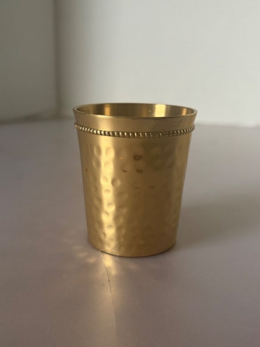 Small Gold Hammered Brass Cup With Beaded Rim 3 Inches Tall